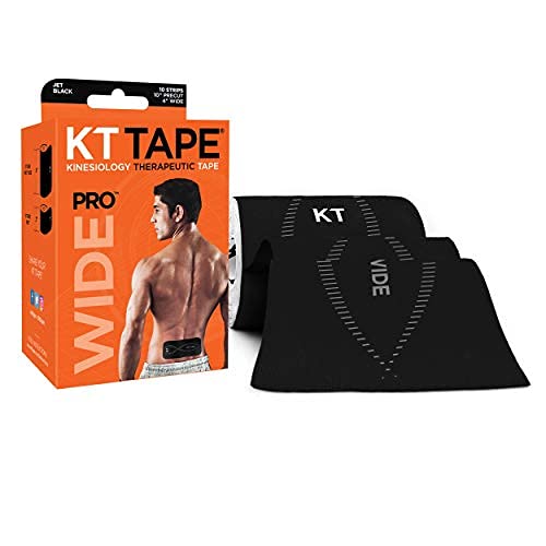 KT Tape Pro Wide Kinesiology Therapeutic Sports Tape, 10 Precut 10 Inch Strips, Double Width Lower Back or Large Muscle Groups, Water Resistant, 1N) Black - Precut/Wide, Small (814179022578)