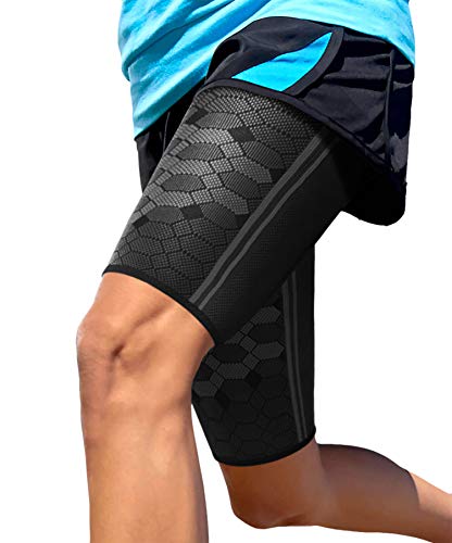 Sparthos Thigh Compression Sleeves (Pair) – Upper Leg Sleeves for Men and Women Support for Improved Blood Circulation Quad and Hamstring Recovery Sports Running Tennis Workout Basketball (Black-L)