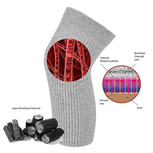 SENIOR ICARE Knee Warmers, Elastic Cotton Knee Sleeves - For Women, Men, Circulation Improvement and Joint Pain Relief for Arthritis Knees, Knitted Binchotan Charcoal Yarn, One Pair, Made in Japan
