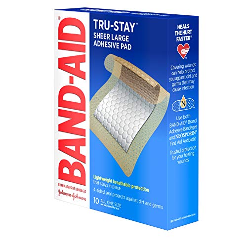 Band-Aid Brand Tru-Stay Adhesive Pads, Large Sterile Adhesive Bandages for First Aid Wound Care and Protection of Minor Cuts, Scrapes & Burns, Lightweight, Breathable, Large Size, 10 ct