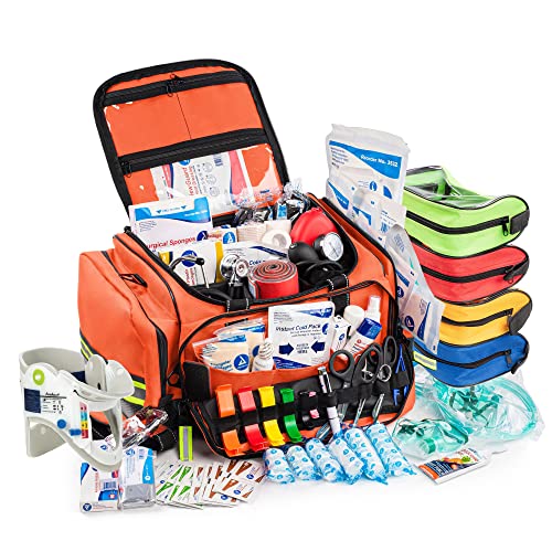 Scherber First Responder Bag | Fully-Stocked Professional Advanced EMT/EMS Trauma Kit | Reflective Bag w/10+ Compartments, Zippered Pockets, Shoulder Strap & 250+ First Aid Supplies - Orange