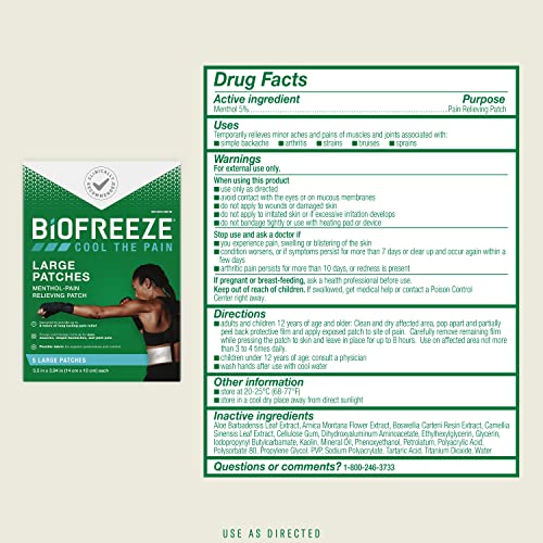 Biofreeze Menthol Pain Relieving Patches (5 Patches Per Box, Pack Of 3) Up To 8 Hours Of Pain Relief From Sore Muscles, Arthritis, Backaches, Spains, Bruises, Strains And Joint Pain (Package May Vary)