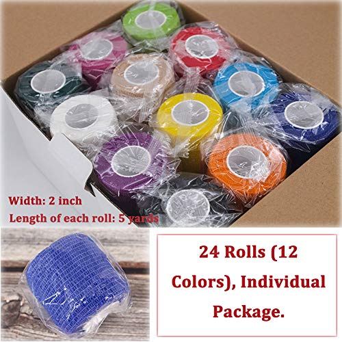 24 Pack Breathable Self Adherent Wrap, Athletic Elastic Non Woven Cohesive Bandage – for Sports, First Aid Medical, Wrist, Ankle Sprains, Swelling and Vet Wrap 2 Inch 5 Yards (Rainbow Color).