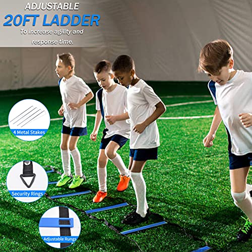 Fasezoomit Speed Agility Training Set,Includes 12 Rung Agility Ladder,10 Disc Cones, Jump Rope, Resistance Bands, Running Parachute,Holder,for Football,Hockey Training Athletes (Blue)